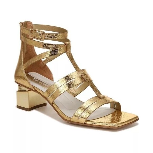 Franco Sarto Size 7.5M Gladiator Sandals Gold Strappy Chunky Heels Back Zipper - Picture 1 of 8